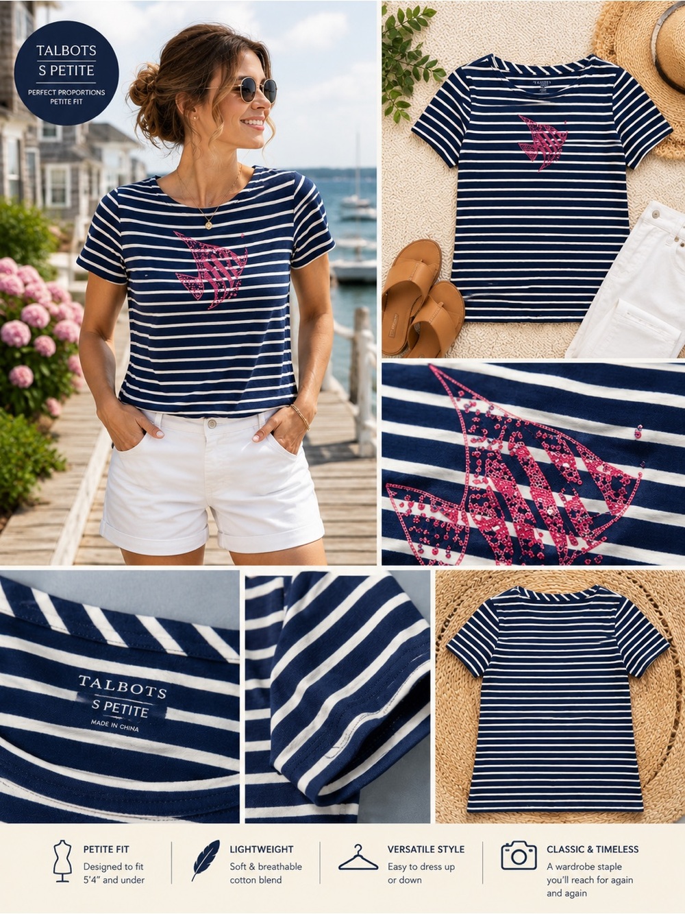 Talbots Navy and White Striped Tee with Pink Fish Motif Coastal Resort wear